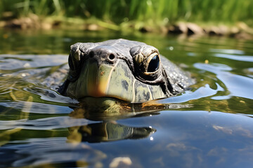 Fototapeta premium Turtle in the pond on the background of green grass and sunlight.
