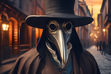 A man dressed with a plague doctor mask and costume from seventeenth-century. Generative AI - 636599304
