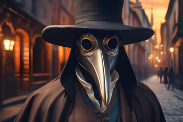 A man dressed with a plague doctor mask and costume from seventeenth-century. Generative AI