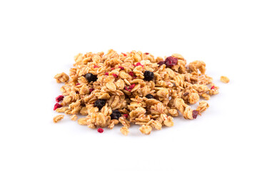 Muesli oat cereals close up background with dry fruits