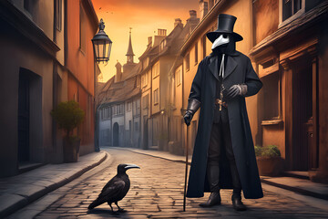 A man dressed with a plague doctor mask and costume from seventeenth-century. Generative AI