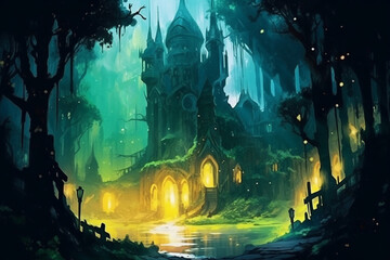 Illustration eines dunklen Schlosses im Wald. Märchen, Phantasie. AI generated