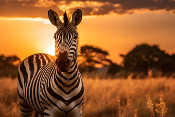 Zebra in the grassland at sunset.Wildlife scene from Africa.