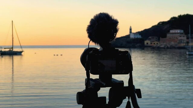 Shooting camera in front of the sea of Soller