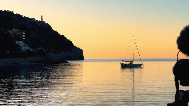 Shooting camera in front of the sea of Soller