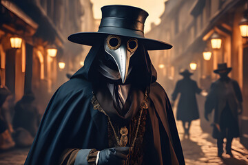 A man dressed with a plague doctor mask and costume from seventeenth-century. Generative AI - 636600117