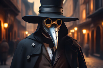A man dressed with a plague doctor mask and costume from seventeenth-century. Generative AI - 636600119