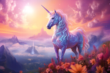 Magic unicorn in fantastic world with fluffy clounds and fairy meadows.