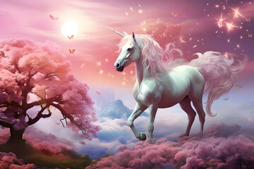Unicorn in fantasy landscape.3D render.Fantasy background.
