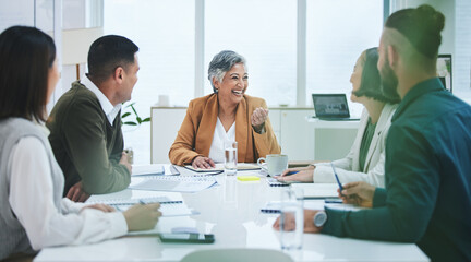 Happy, talking and business people in a meeting for a discussion, project or planning together. Smile, office and a manager speaking to employees about professional work and discussion in a workshop