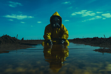 A man in a radiation protective suit looks at the radiation pool, the world after a nuclear explosion. Radiation emissions - obrazy, fototapety, plakaty