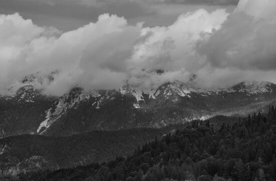 Alps mountains in clouds, black and white © Hristo Shanov