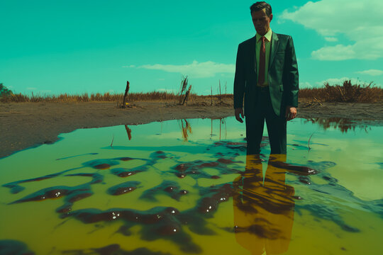A man in a nice suit stands in a radioactive yellow puddle. Radiation emissions