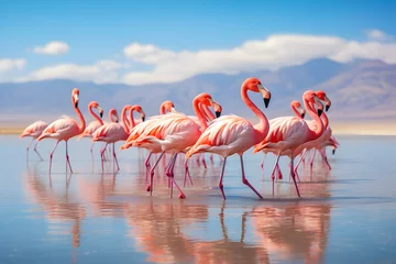 Fotobehang Flamingos in the lagoon of Salar de Uyuni, Bolivia. © JewJew