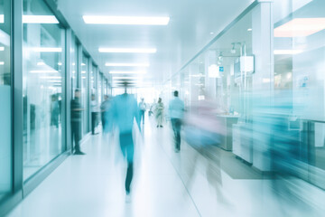 Fototapeta na wymiar Generative AI. abstract motion blur image of people crowd walking at hospital office building in city downtown, blurred background, business center, medical technology concept