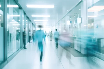 Foto op Plexiglas Generative AI. abstract motion blur image of people crowd walking at hospital office building in city downtown, blurred background, business center, medical technology concept © Pravit