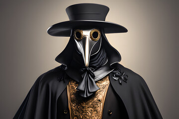 A man dressed with a plague doctor mask and costume from seventeenth-century. Generative AI