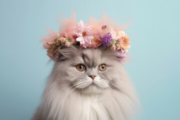 Portrait of Persian cat with flowers on head on pastel background
