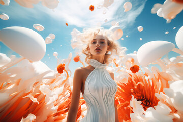Obraz na płótnie Canvas Blonde woman wearing white dress in a floating white and orange flower field. The image creates a surreal and artistic impression. The sky is blue with white clouds.