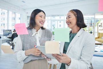 Business women, teamwork and planning on glass board for marketing timeline, calendar and happy ideas in office. Professional manager and people with workflow, sticky notes and scrum or agile goals