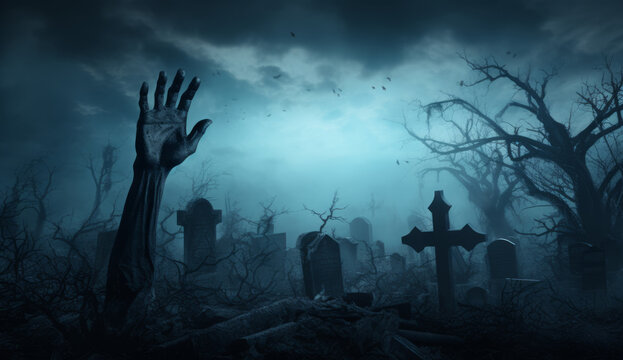 Zombie Hand Rising Out Of A Graveyard In Spooky Night. Generative AI.