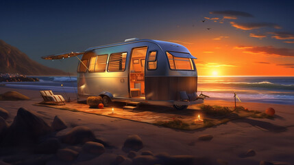 Vanlife - cyfrowi nomadzi żyją w kamperze na plaży o zachodzie słońca - obrazy, fototapety, plakaty