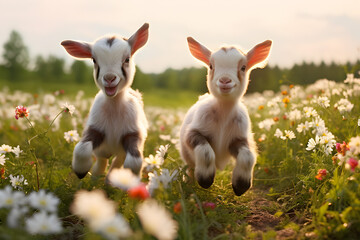 Two little funny goat baby running in summer.Farm animals.