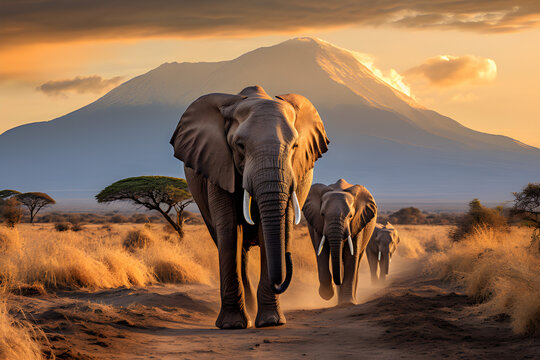 Elephants in front of Mt,Kilimanjaro, Amboseli, Kenya