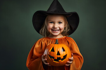 happy caucasian child girl wearing a halloween witch costume