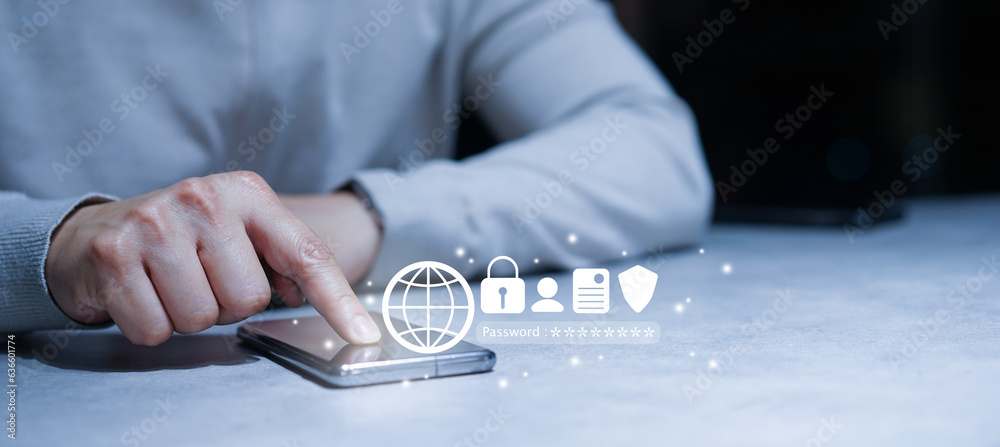 Wall mural close up man hand use digital tablet to access account on social media network website with virtual 