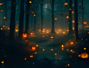 Small halloween pumpkins glowing in the forest.