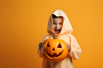 happy child wearing a halloween ghost costume