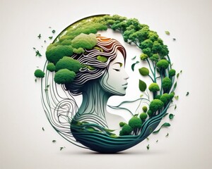 connection between nature and human concept, a girl with trees on her head, earth day 