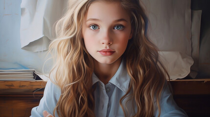 Zaskoczona dziewczynka z kolorowym pasemkiem we włosach w szkolnej ławce patrzy prosto w oczy - obrazy, fototapety, plakaty