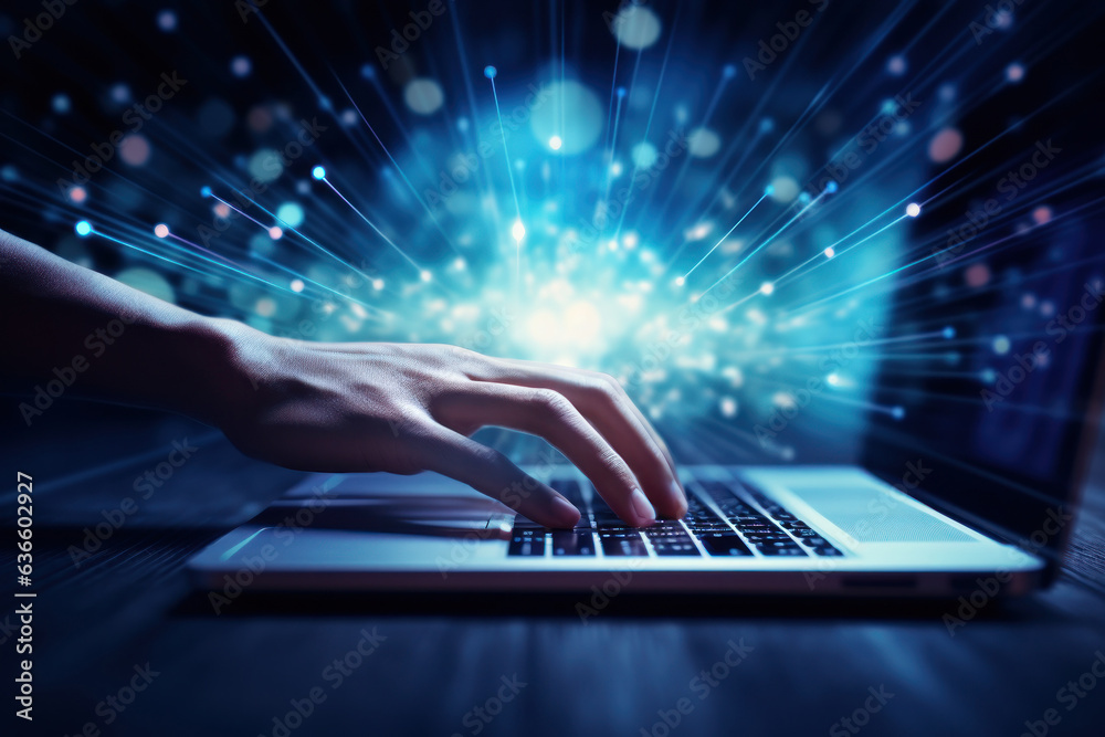 Wall mural generative ai. business people working on laptop computer with global media link connecting on desk,