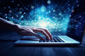 Generative AI. business people working on laptop computer with global media link connecting on desk, cloud computing, cyber security, business finance, internet network technology concept