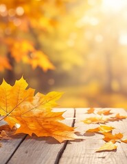 Naklejka na ściany i meble Autumn leaves on the wooden table