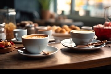 Fototapeta premium Coffee cup on wooden table in coffee shop, stock photo