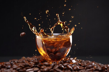 Coffee splash with coffee beans on a black background, close up