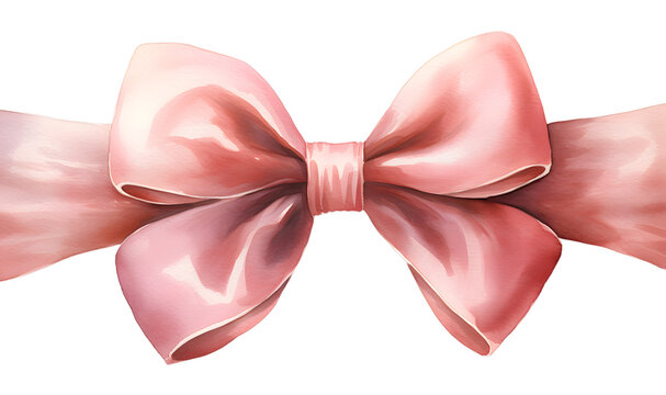 Pink bow with ribbon watercolor illustration isolated on transparent background