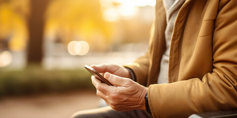 Senior man outdoors on a park bench, using a smartphone for text messaging, enjoying wireless technology and leisure activity under autumn sunlight. 