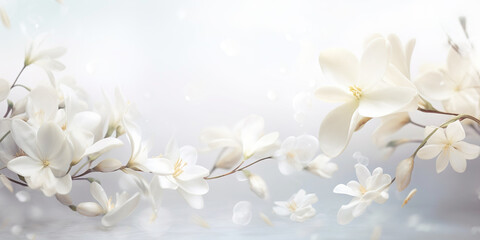 A floral banner with white jasmine flowers. The backdrop of beauty of nature, with close-up details of the flower heads. Blossoms in various stages of growth are illuminated in the summer sun.