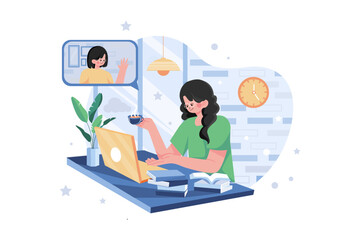 Lady Doing Online Meeting On A Tablet With Coffee Cup On The Desk