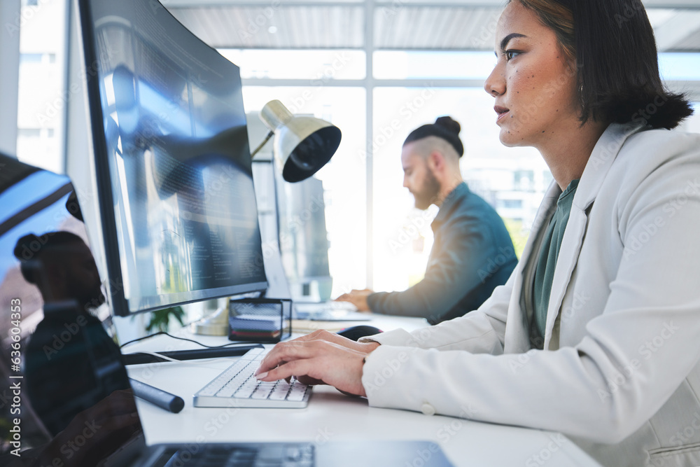 Poster computer, business and employees working in a company or startup agency typing email document or res