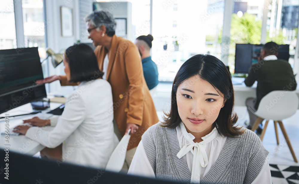 Aufkleber Programming, software and computer with business woman in office for coding, developer and information technology. Database, website and research with Asian person in it startup for digital and code