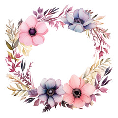 Flowers wreath hand painted watercolor illustration isolated on transparent background