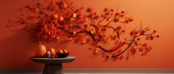 Jesienna dekoracja domu z gałązek i liści klonu na tle pomarańczowej ściany oraz stolik z misą pełną dyni - obrazy, fototapety, plakaty
