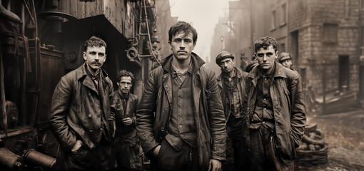 Industrial Revolution, workers in front of steam train, industrial plant, turn of the century, black and white, wet plate, photography 1910, generative ai