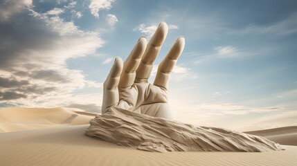 Step into a world where art and nature collide, witnessing a sand sculpture of a giant hand reaching out from the desert's heart. This evocative piece blurs the lines - obrazy, fototapety, plakaty