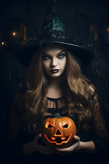 beautiful girl halloween costume hold pumpkins